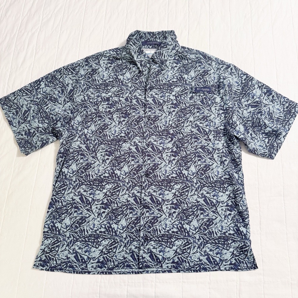 Columbia PFG Super Tamiami Mens MEDIUM Blue‎ White Nautical Print Fishing Shirt